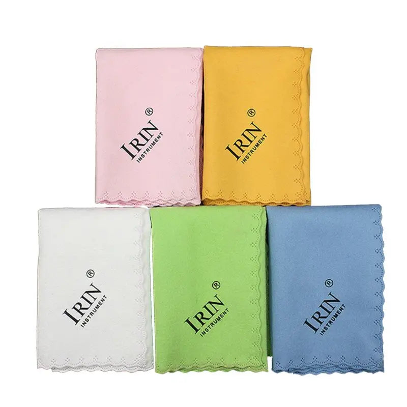 Set of 5pcs microfiber cleaning cloths in pastel colors with irin instrument branding for musical instrument guitar violin piano clarinet use