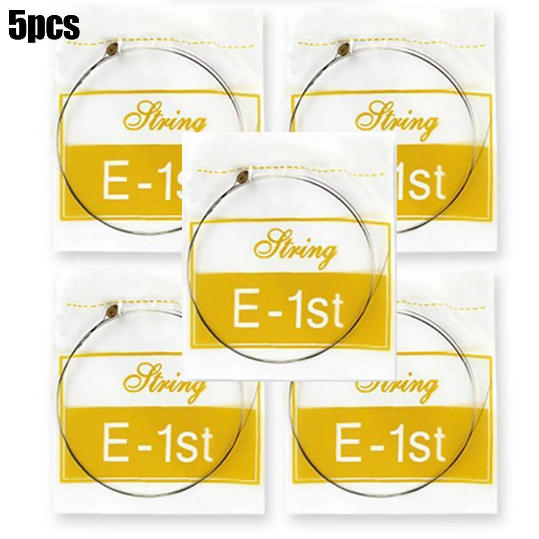 Five yellow-labeled packaged single guitar strings acoustic made of plain steel for replacement musical instrument use