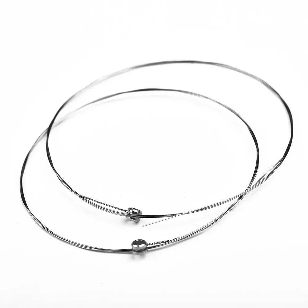 Silver-colored steel single guitar strings acoustic with small ball ends and chain-like section for replacement musical instrument
