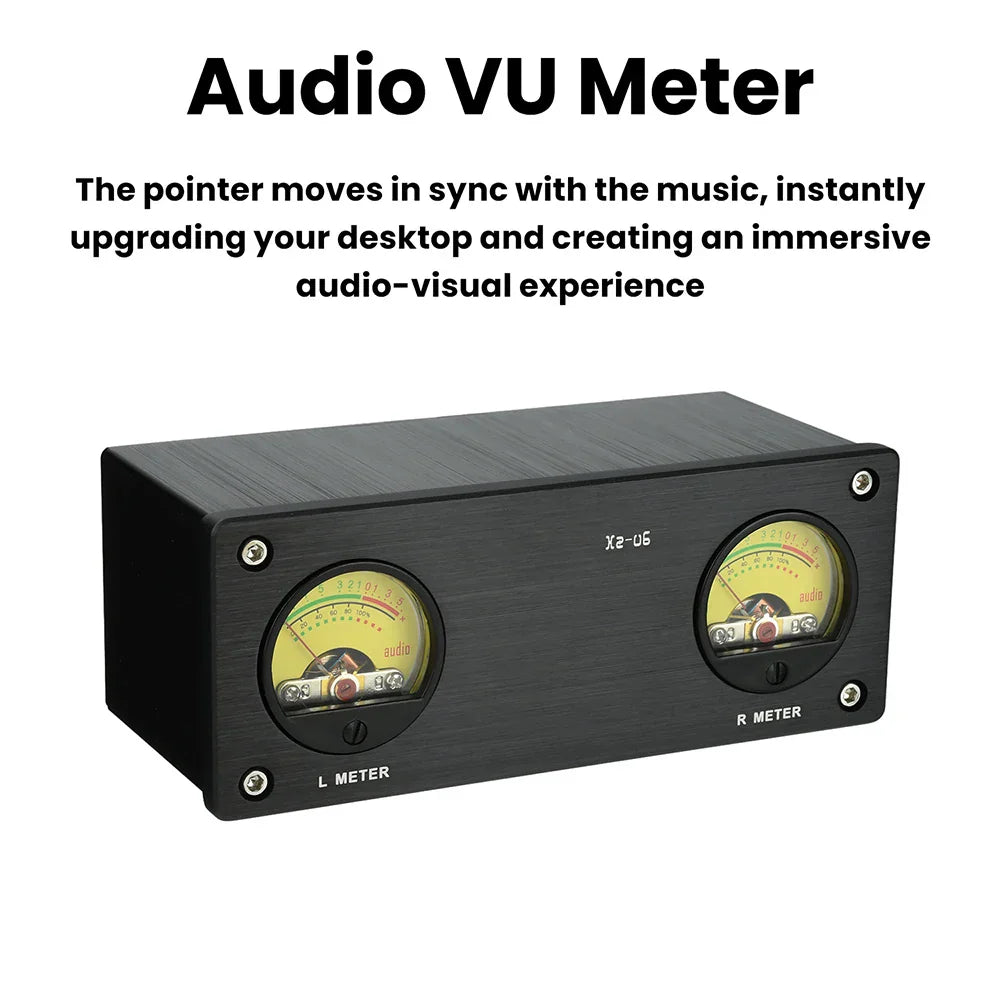 Black rectangular dedicated vu meter with dual analog yellow gauges supports wired audio for professional studio music monitoring