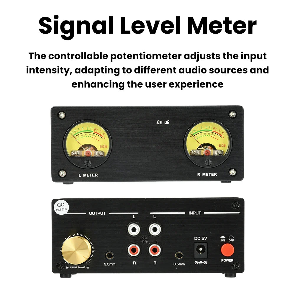 Black rectangular dedicated vu meter with dual yellow analog displays and gold knob supports wired audio for professional studio music