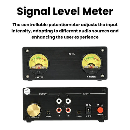 Black rectangular dedicated vu meter with dual yellow analog displays and gold knob supports wired audio for professional studio music