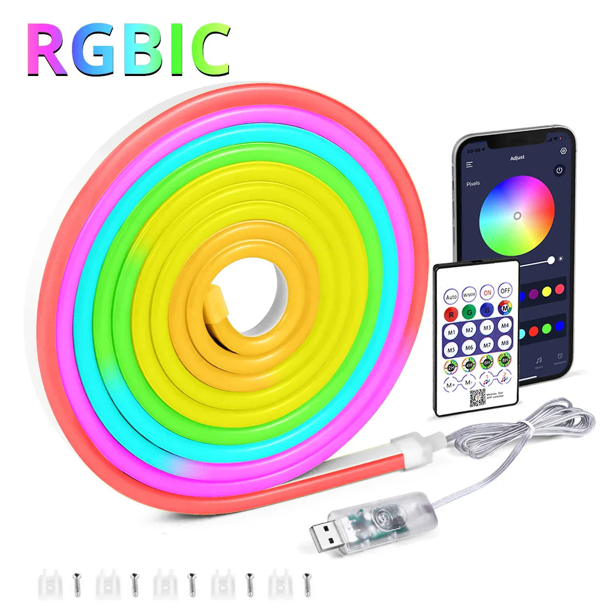 Rgbic 5v usb rgbic neon led strip light with rainbow colors bluetooth app control music sync waterproof flexible tape