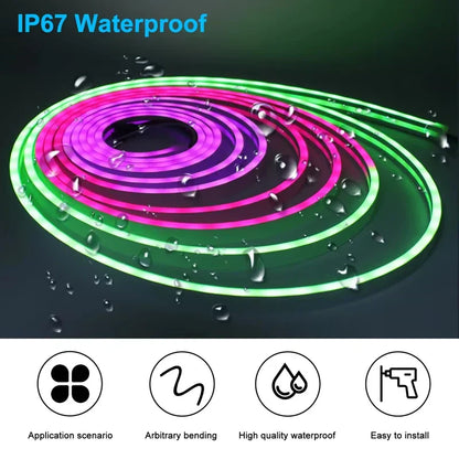 Coiled rgbic neon led strip light with vibrant pink and green segments featuring bluetooth app control music sync waterproof design