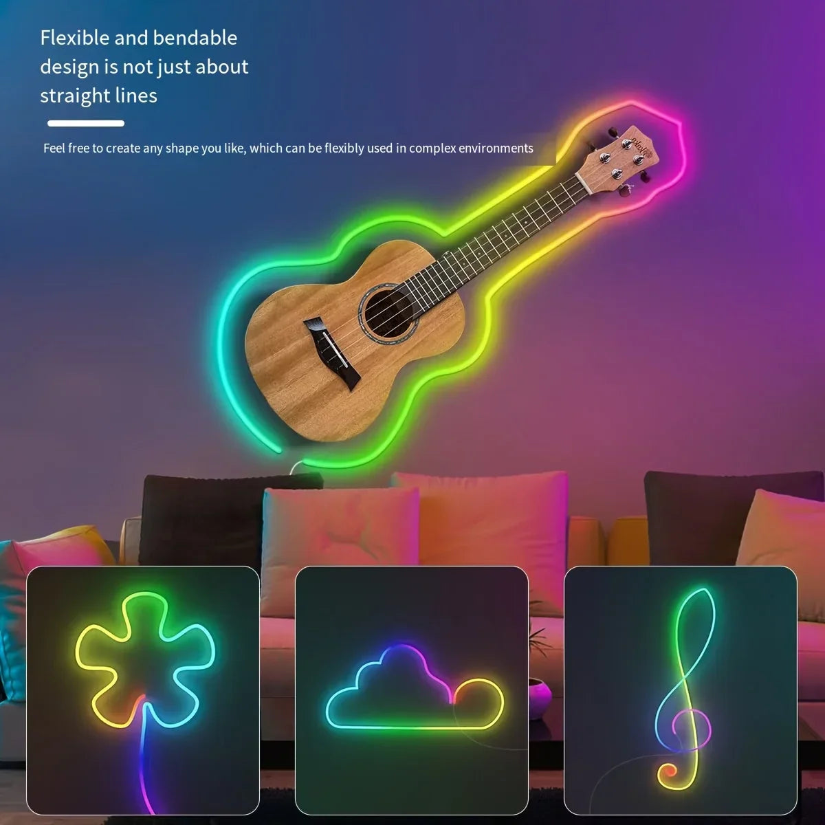 A glowing wooden ukulele shaped 5v usb rgbic neon led strip light with bluetooth app control and music sync waterproof features
