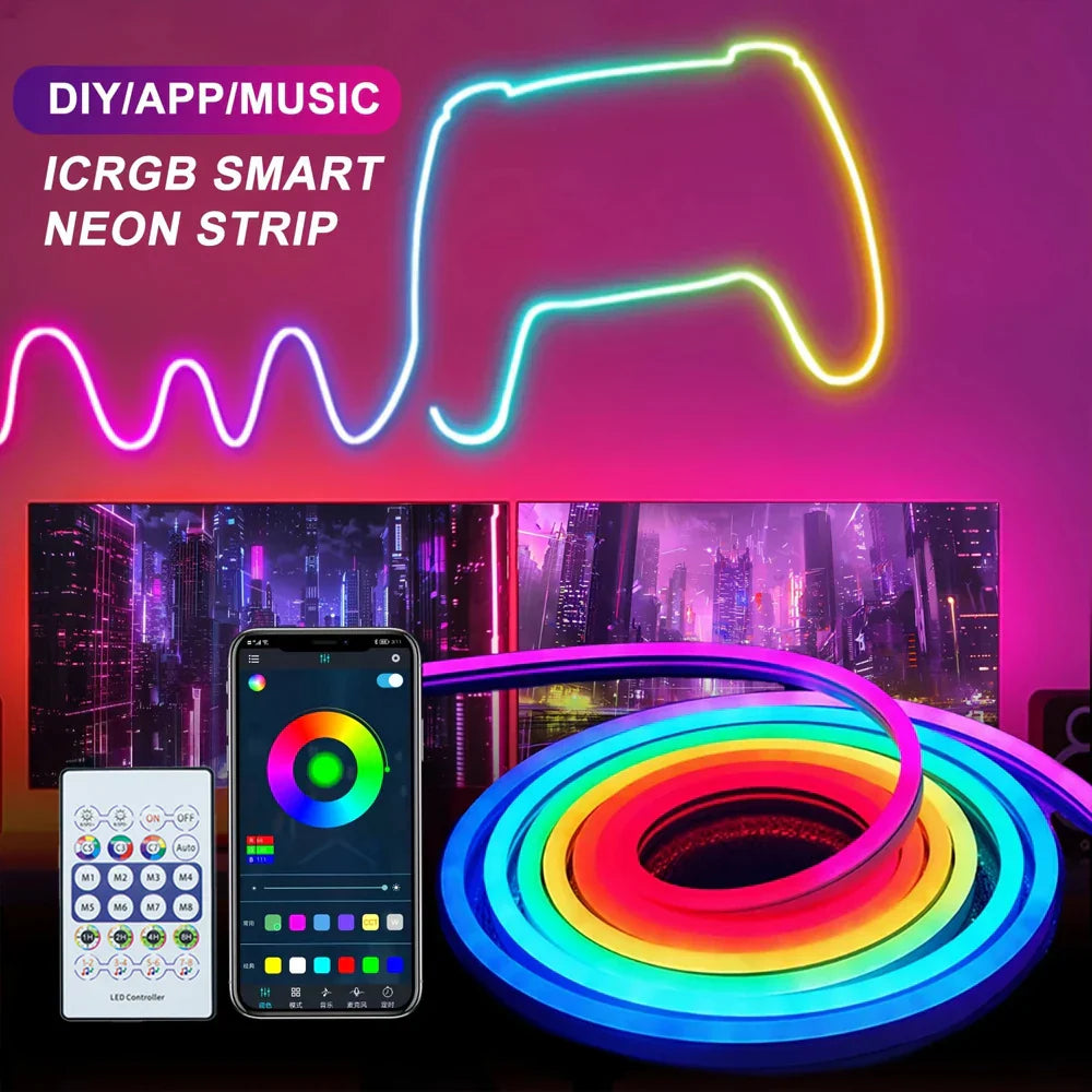 A flexible rgbic neon led strip light with customizable colors bluetooth app control music sync waterproof design