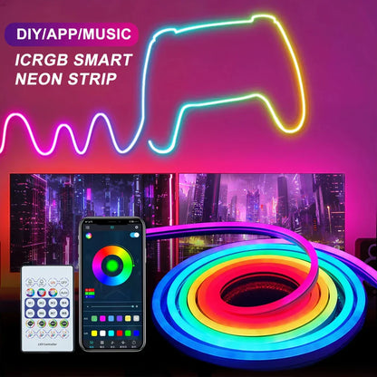 A flexible rgbic neon led strip light with customizable colors bluetooth app control music sync waterproof design