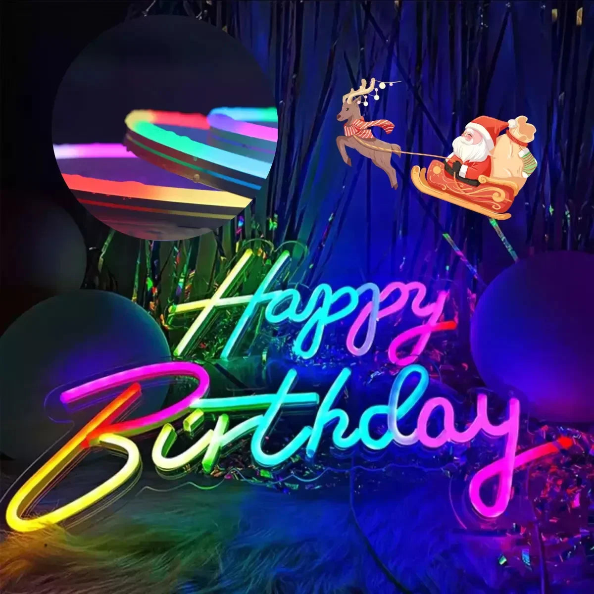 A vibrant rainbow-colored rgbic neon led sign spelling happy birthday with bluetooth app control and music sync waterproof features