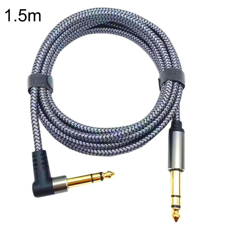 A 1.5-meter braided gray and black 35mm guitar cable with gold-plated right-angle 6.35mm professional wire amp connectors