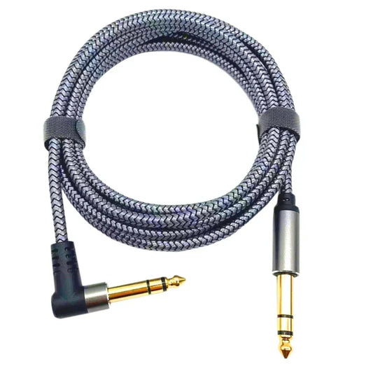 Black and silver braided 6.35mm guitar cable with gold-plated connectors angled for headphone use professional wire amp cable instrument