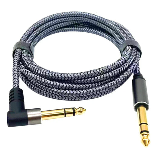 Black and silver braided 35mm guitar cable with gold-plated right-angle connectors for professional wire amp and electric guitar use
