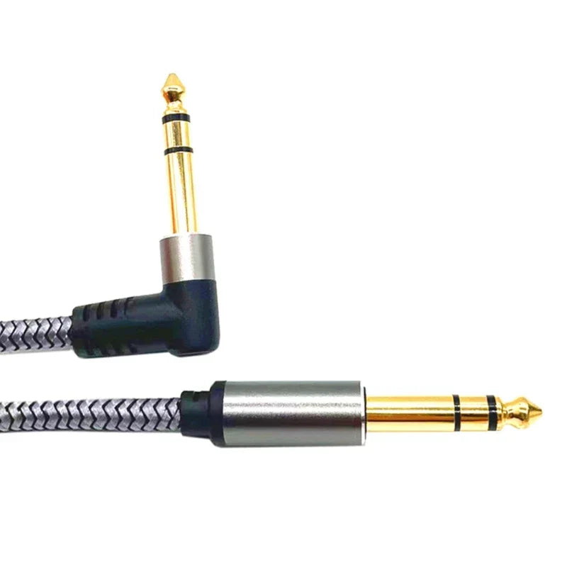 Gold-plated 35mm guitar cable with braided gray and black sheath and one right-angle connector for professional wire amp use