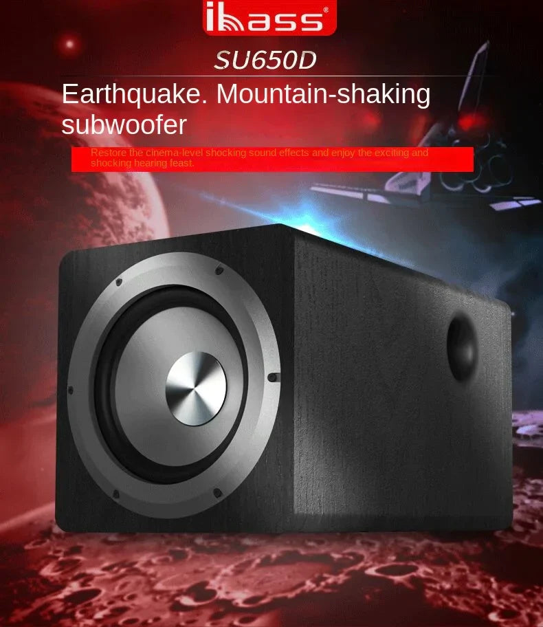 Black ibass su650d 6.5 inch active subwoofer with silver driver and textured wood paneling for super bass home speakers pc computer