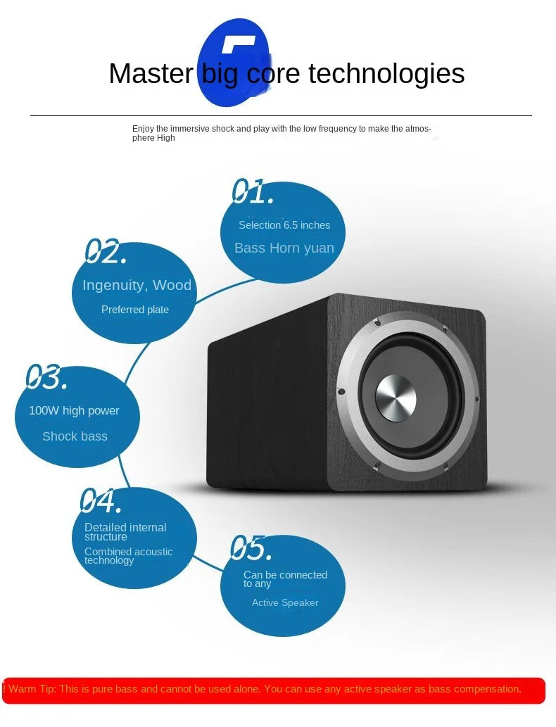 Black 6.5 inch active subwoofer with silver speaker cone and metallic rim for super bass home speakers pc computer use