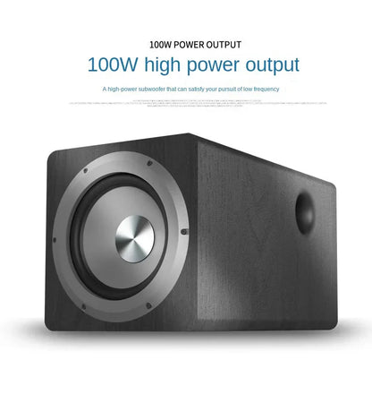 Black wood-finish 6.5 inch active subwoofer with silver metallic cone and circular grille for super bass home speakers pc computer