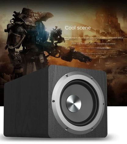 Black wood-grain 6.5 inch active subwoofer speaker with silver metallic cone for super bass home speakers pc computer use