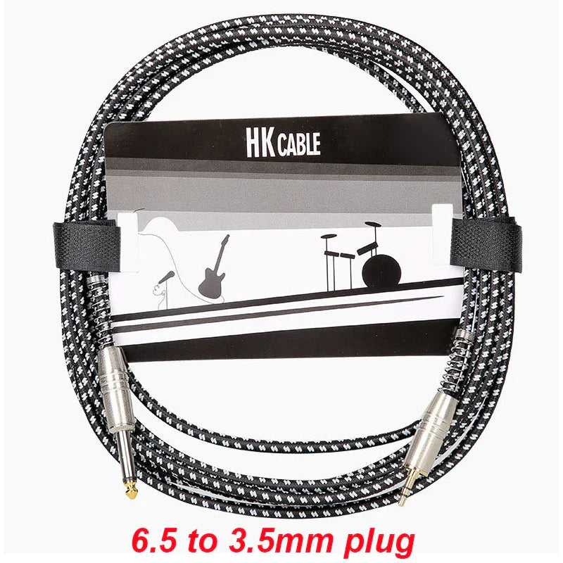 Black and white woven 6.5 to 3.5 mm audio cable speaker for electric guitar amplifier branded hk cable