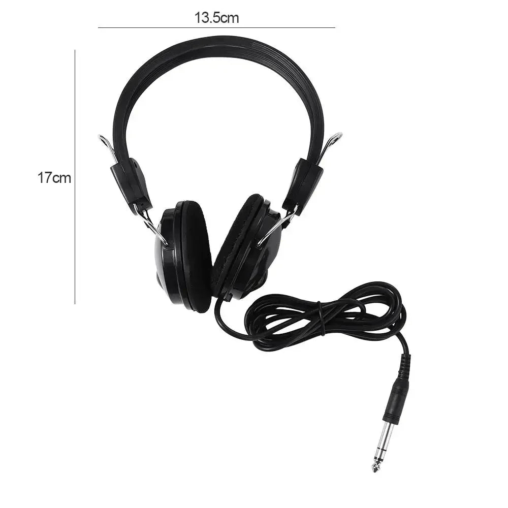 Black over-ear earphone headphone wired with coiled cable and padded earcups for electric piano and wire electric guitar use