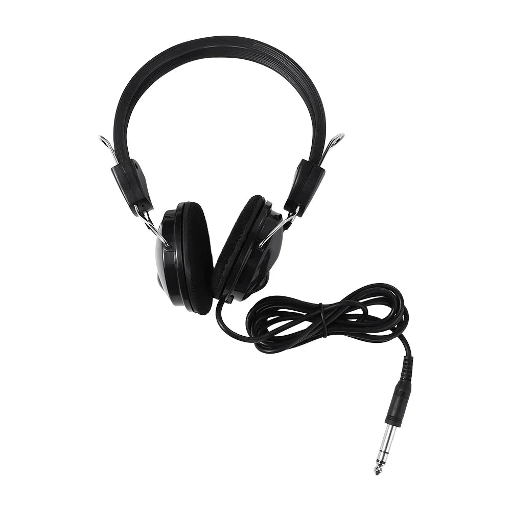 Black over-ear earphone headphone wired with padded earcups and coiled cable for electric piano and wire electric guitar use