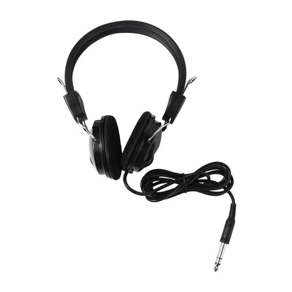 Black over-ear earphone headphone wired with padded earcups and coiled cable for electric piano and wire electric guitar use
