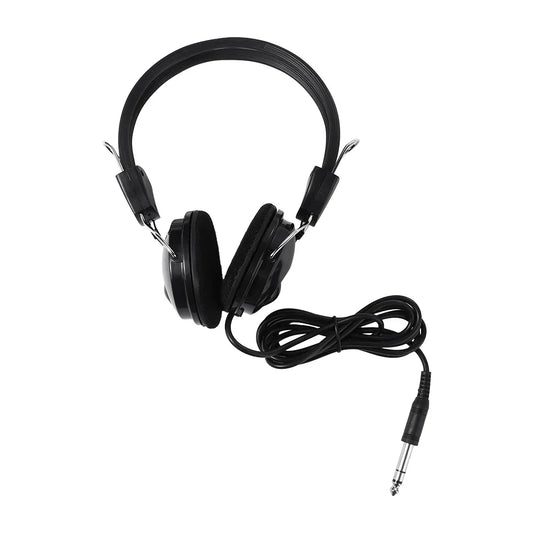 Black over-ear earphone headphone wired with padded earcups and coiled cable for electric piano and wire electric guitar use