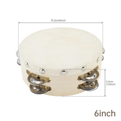 Cream-colored wood sheepskin tambourine with shiny metal jingles and silver hardware for dance church party use l w h