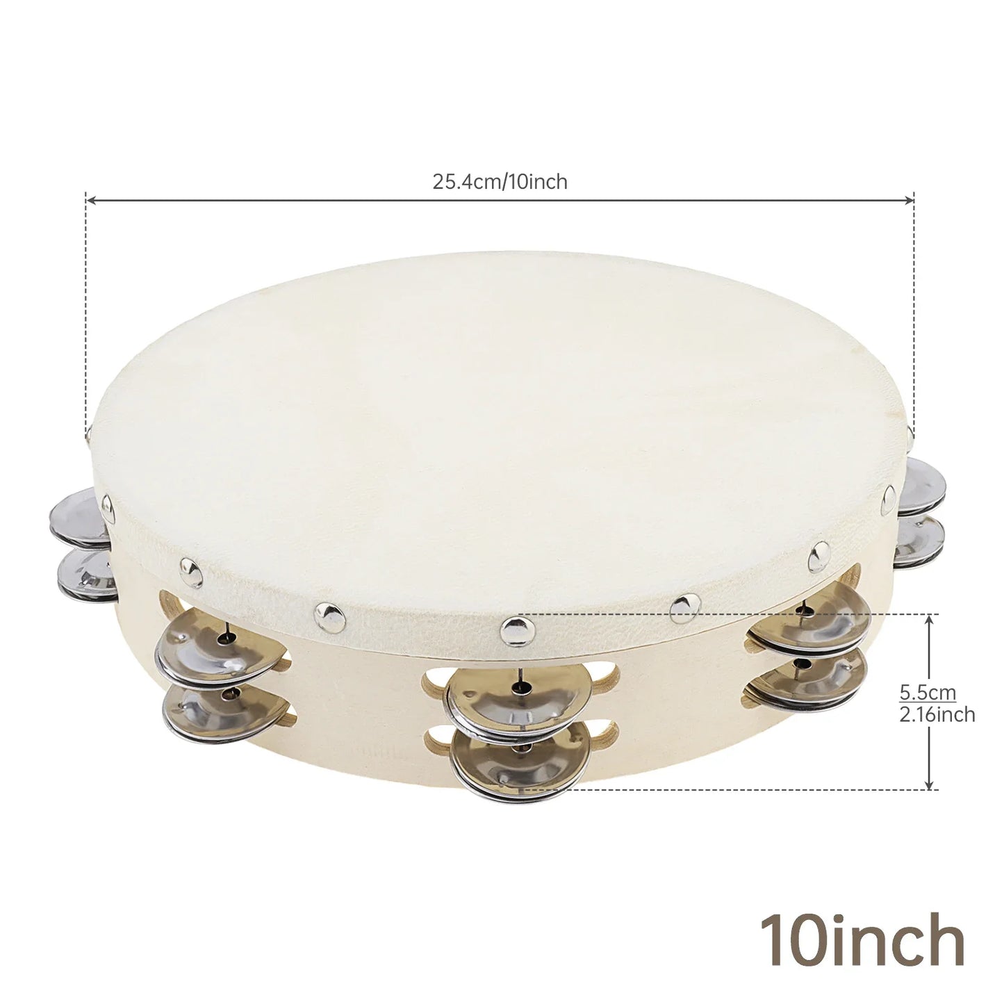 Cream-colored wood sheepskin tambourine with double row jingles and silver hardware for dance church and party use