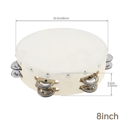 White 8-inch wood sheepskin tambourine hand drum with metallic jingles for dance church party ktv use