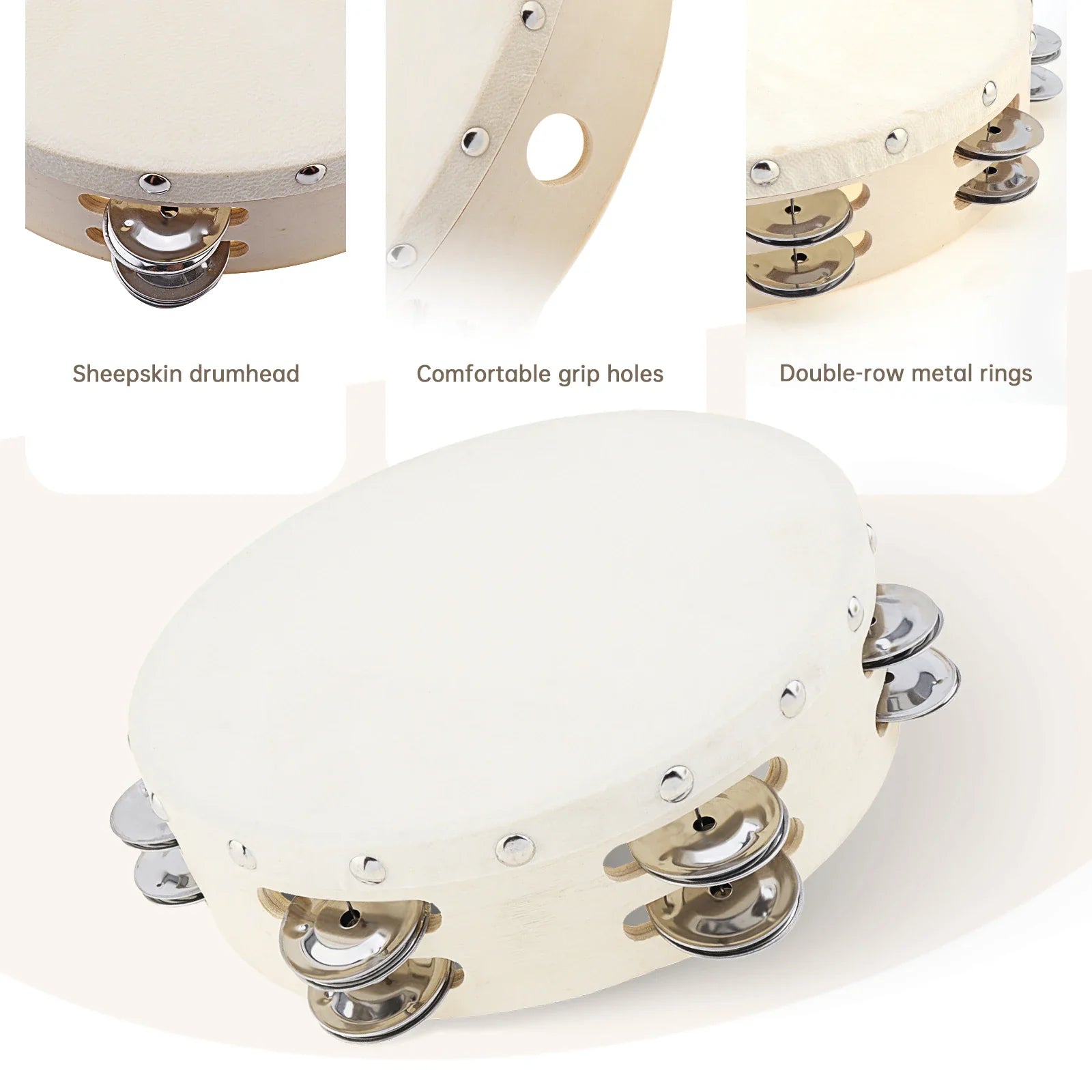 Cream-colored wood sheepskin tambourine hand drum with shiny chrome rings for dance church party use