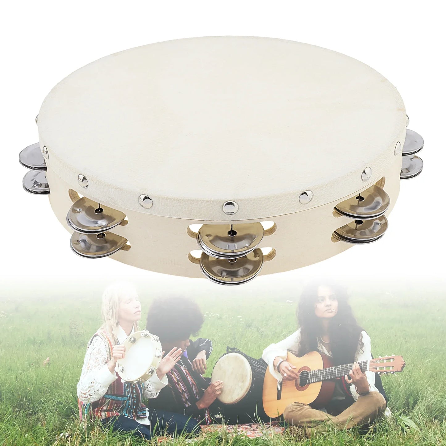 Cream-colored wood sheepskin tambourine with double row metallic jingles and silver hardware for dance and party use