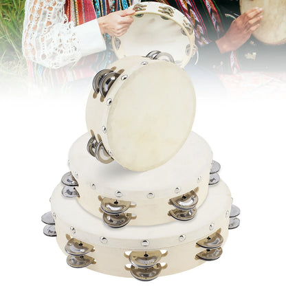 Stacked white wood sheepskin tambourines with metallic double row jingles for dance church party ktv use l*w*h