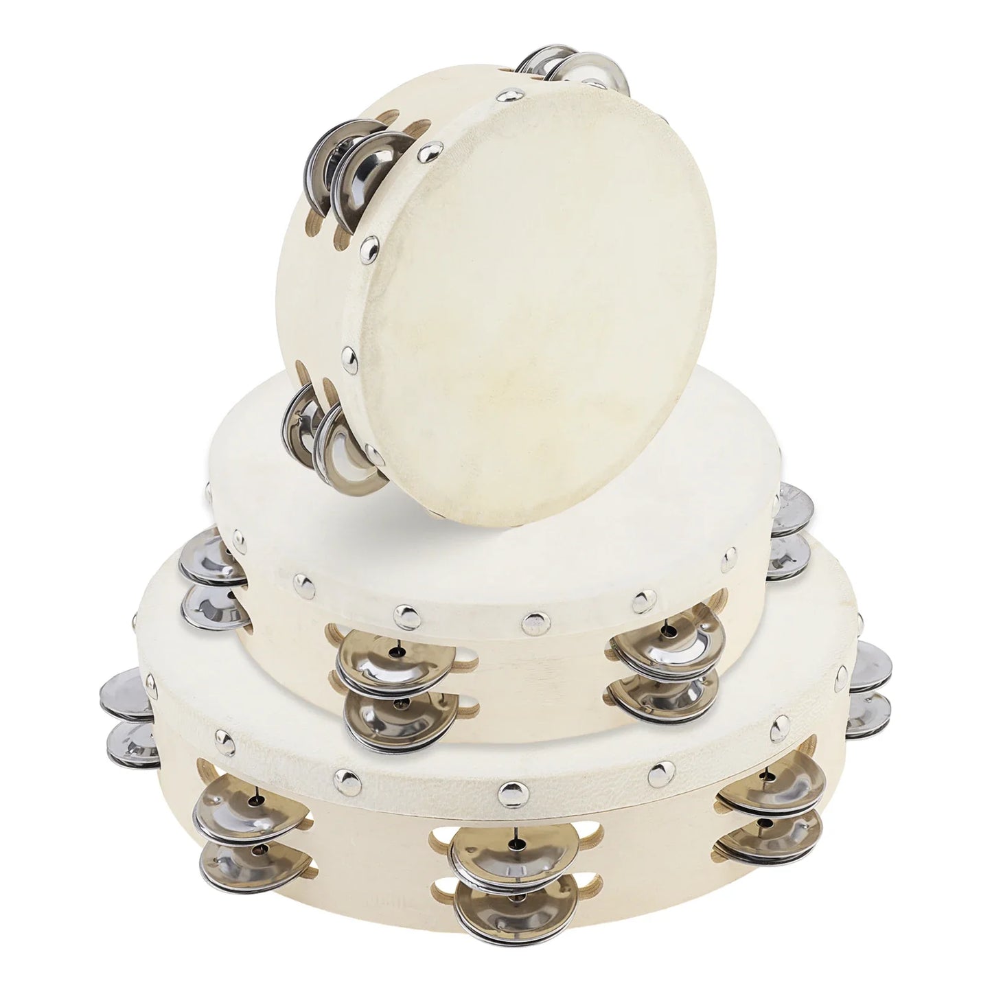 Three cream-colored wood sheepskin tambourines with double row jingles stacked in l w h order for dance and party use
