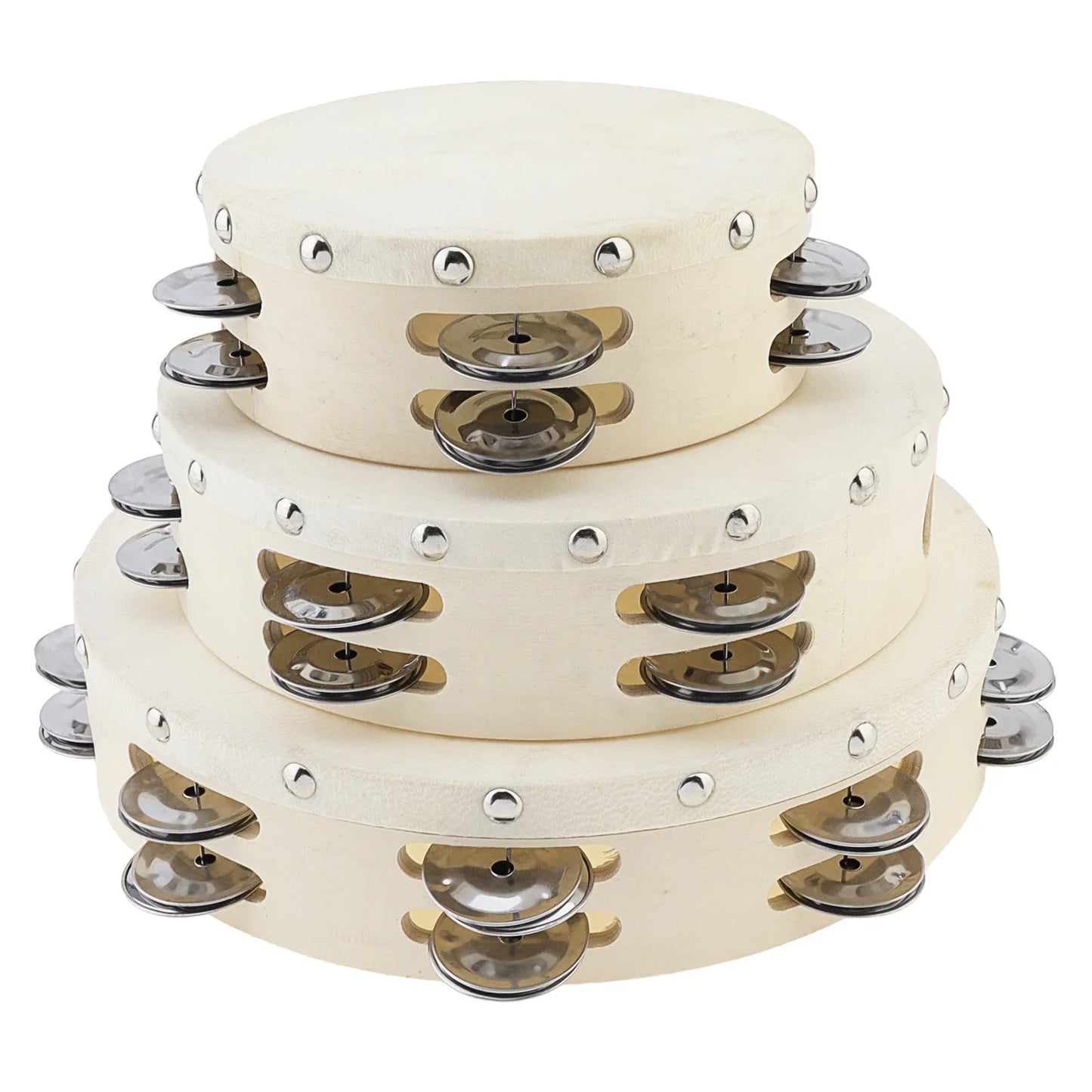 Three cream-colored wood sheepskin tambourines with silver jingles in 6 8 10 inch sizes for dance church party use