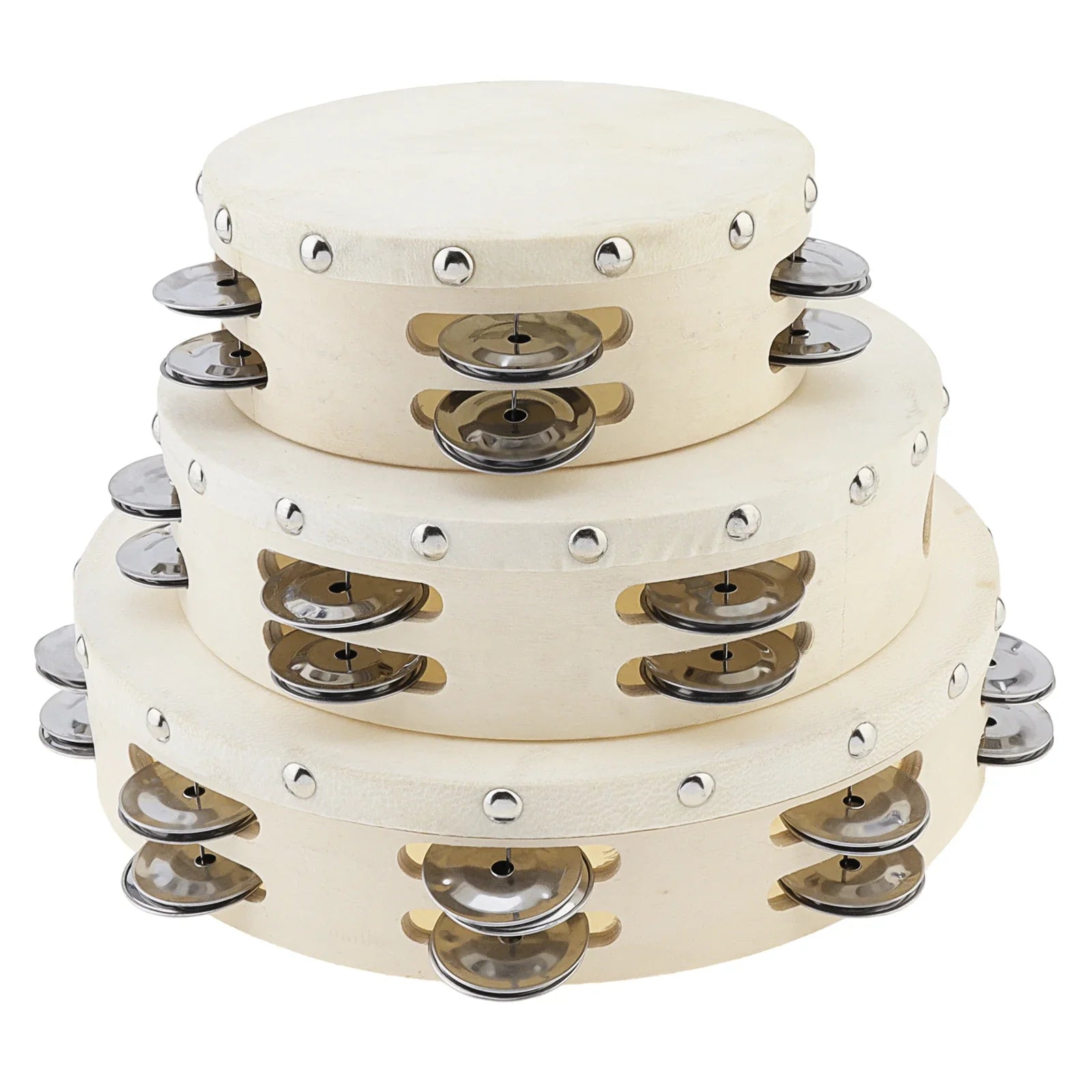Three cream-colored wood sheepskin tambourines with silver jingles in 6 8 10 inch sizes for dance church party use