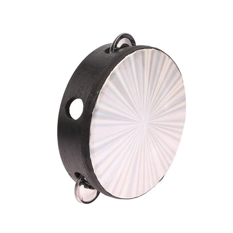 Black wooden radiant tambourine handbell with white radiant drumhead and silver jingles for jingle musical educational use