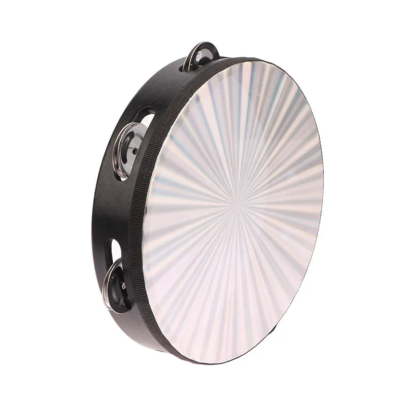 Black-framed wooden radiant tambourine with iridescent silver drumhead and double chrome jingles for jingle musical educational use