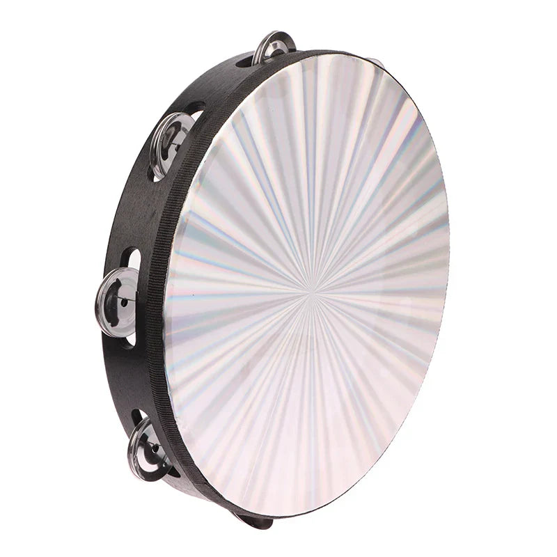Silver tambourine with black frame and metallic jingles wooden radiant tambourine jingle musical educational instrument