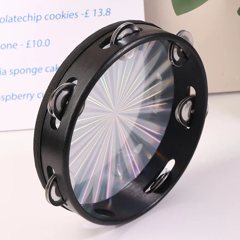 Black wooden radiant tambourine with clear iridescent drumhead and double row jingles for jingle musical educational use