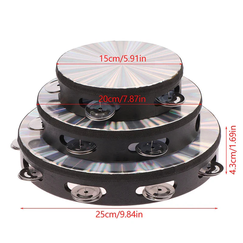 Set of three black and silver wooden radiant tambourine handbells with reflective sunburst jingle musical educational surfaces