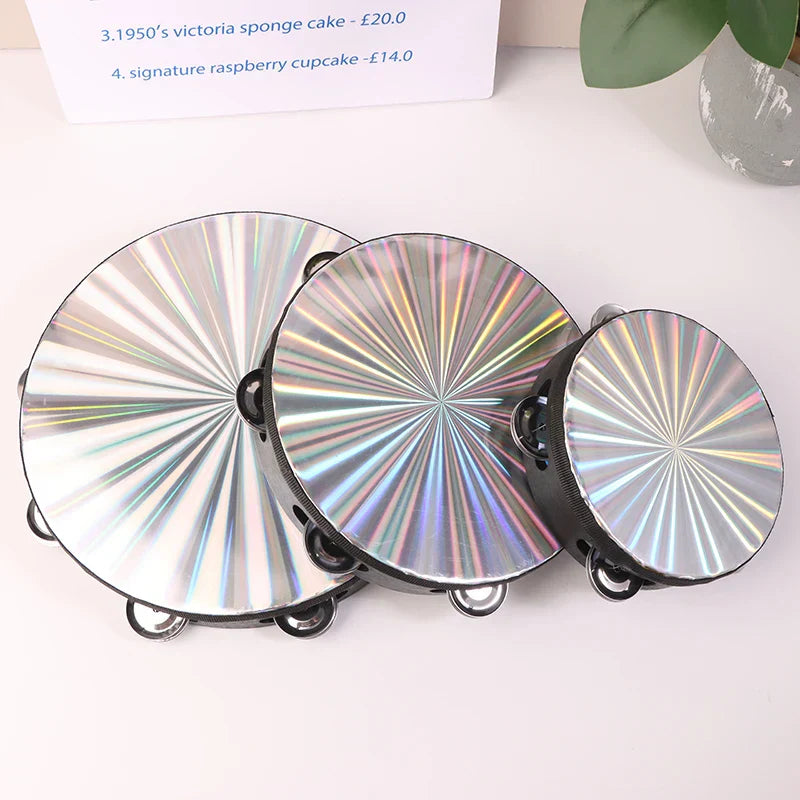 Three iridescent metallic wooden radiant tambourines with black rims and double-row jingles for jingle musical educational use
