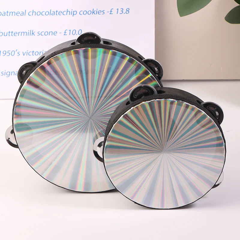 Two iridescent wooden radiant tambourines with black rims and jingles featuring a holographic jingle musical educational design