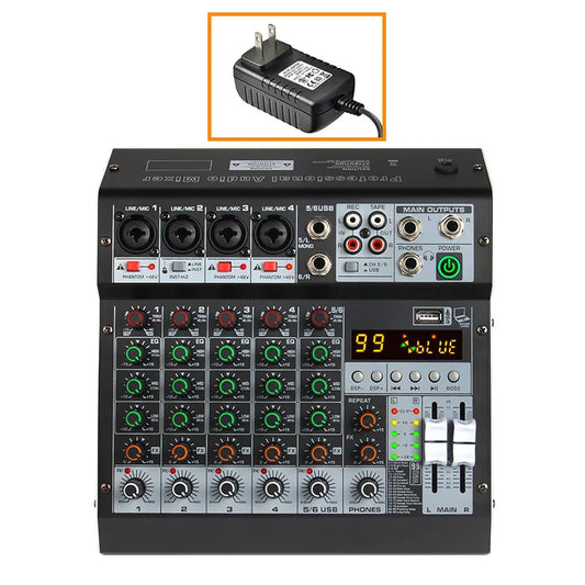 Black professional audio mixer computer recorder with green orange knobs silver sliders and usb live broadcast display
