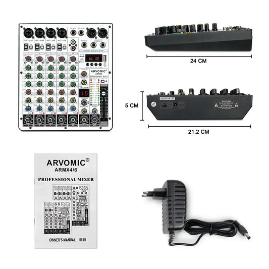 Black arvomic armx4/6 6-channel audio mixer dj mixer with colored knobs and ping-pong delay input output ports