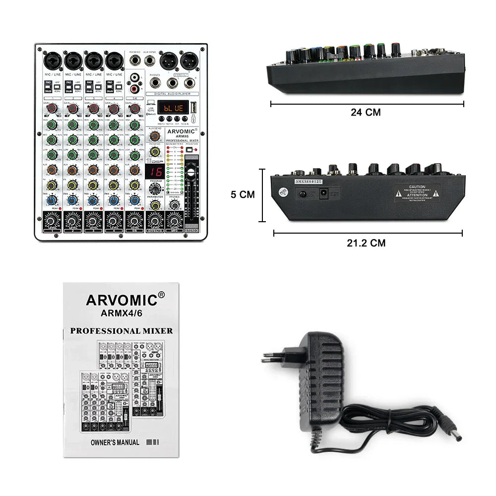 Black arvomic armx6 6-channel audio mixer dj mixer with colored knobs, usb interface, bluetooth, and ping-pong delay effects