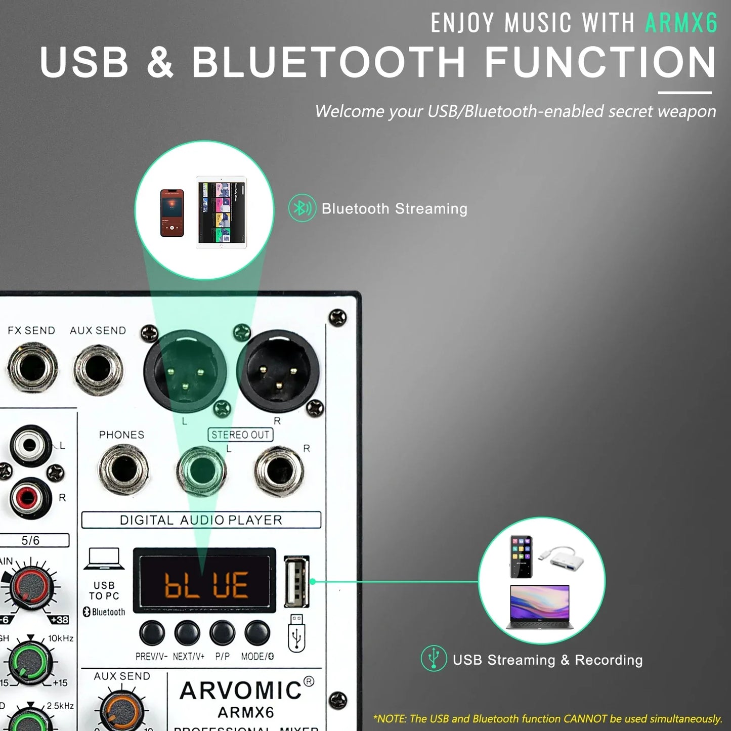 Black arvomic armx6 6-channel audio mixer dj mixer with usb bluetooth and ping-pong delay effects for professional use