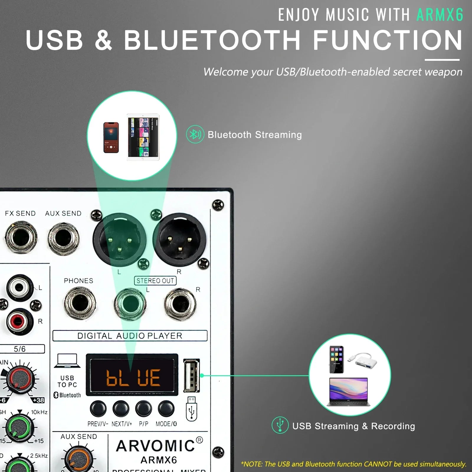 Black arvomic armx6 6-channel audio mixer dj mixer with usb interface bluetooth and ping-pong delay effects