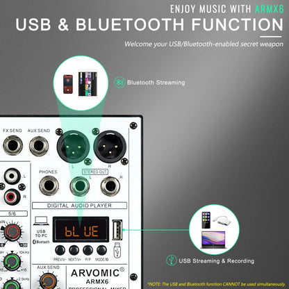 Black arvomic armx6 6-channel audio mixer dj mixer with usb interface bluetooth and ping-pong delay effects