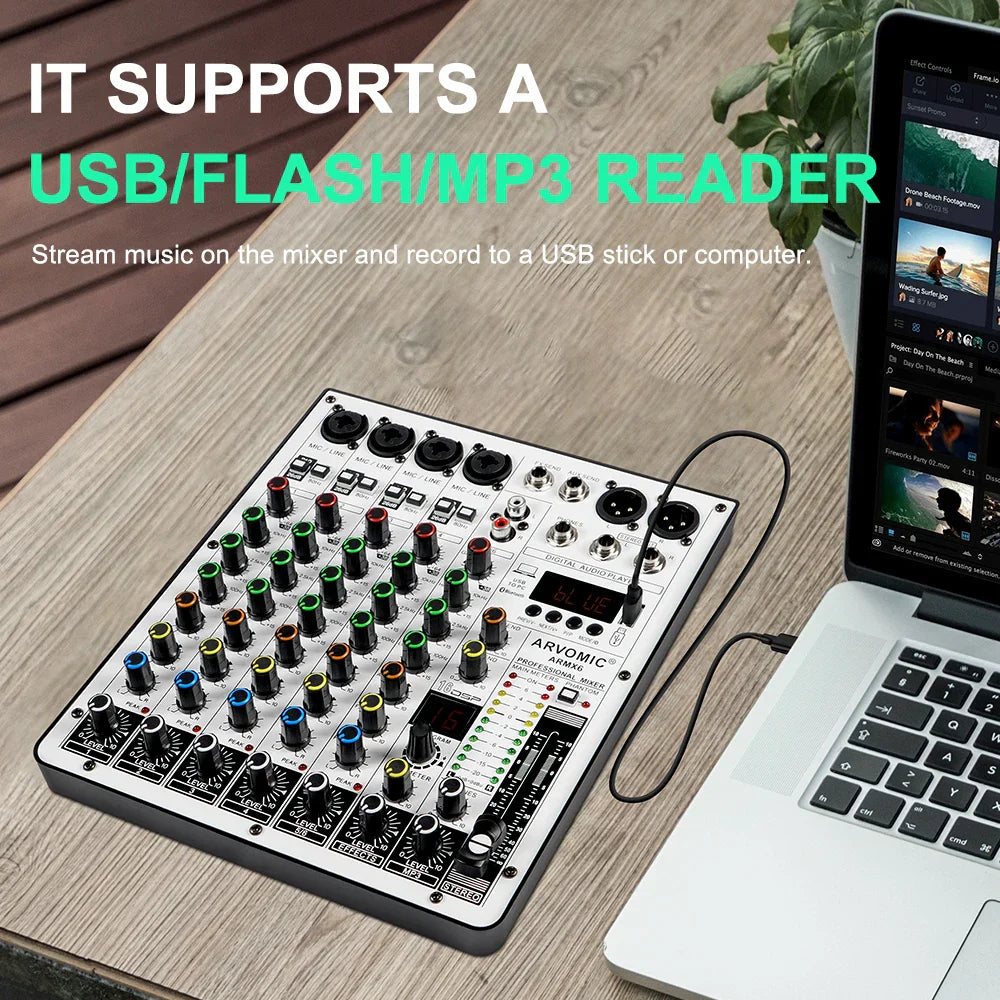 Black and silver arvomio a804 6-channel audio mixer dj mixer with colorful knobs and ping-pong delay effects