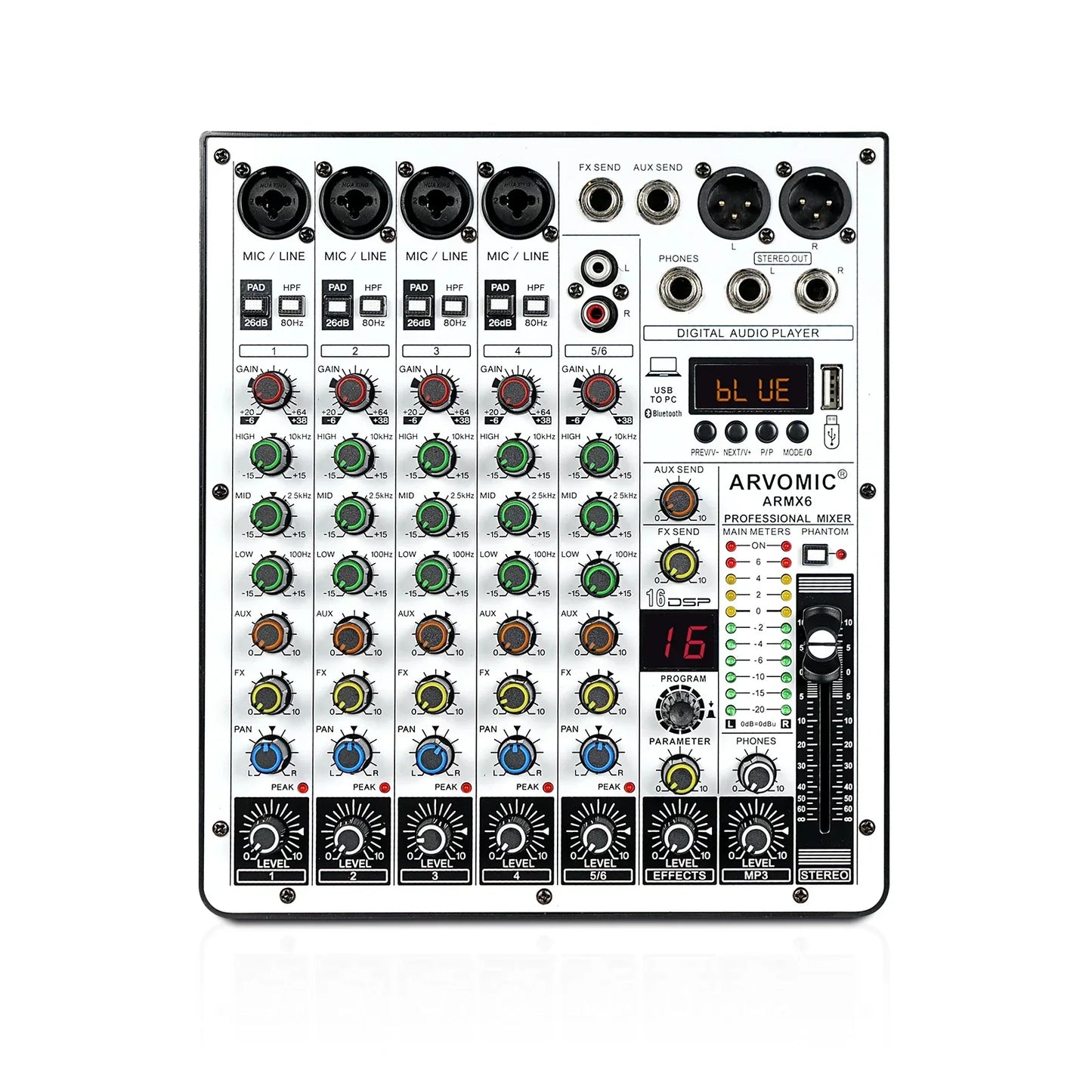 Silver arvomic armx6 6-channel audio mixer dj mixer with black knobs green brown blue and red control dials and ping-pong delay