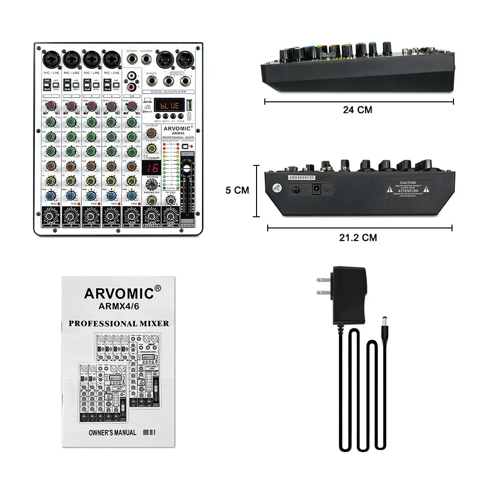 Black arvomic armx4/6 professional 6-channel audio mixer dj mixer with colored knobs ping-pong delay and usb ports